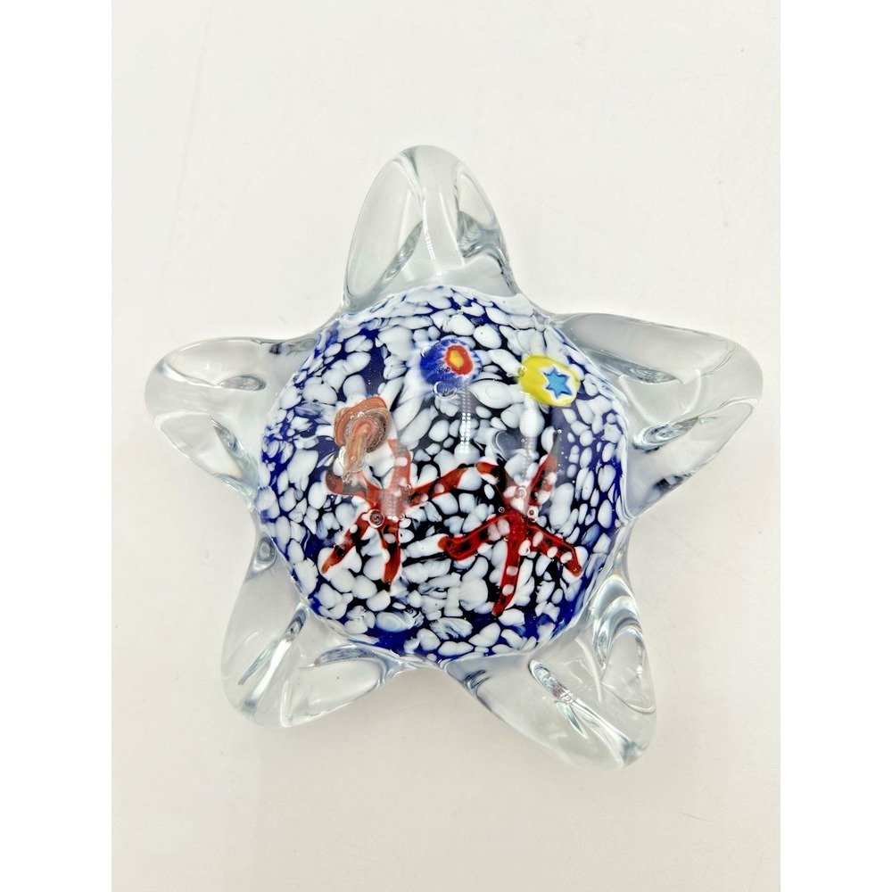Vtg Hand Blown Art Glass Paperweight Starfish Blue Clear Red Starfish Millefiori